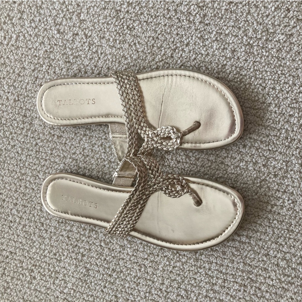 Talbots Cece Gold Metallic Braided Thong Sandals Size 7M High End Flip Flops - Picture 3 of 7
